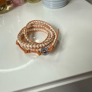 Victoria Emerson Pearl and Orange Leather Wrap Bracelet